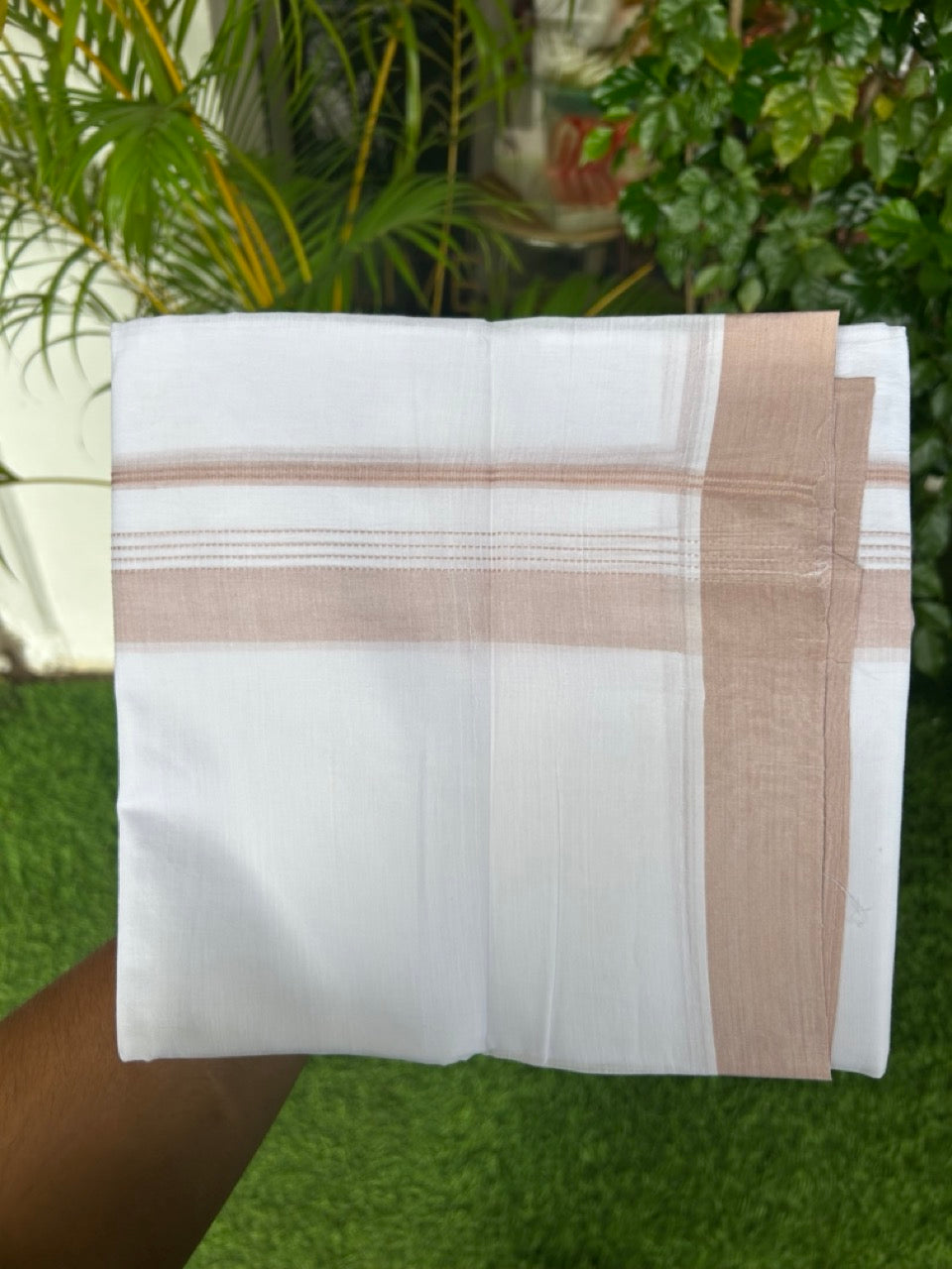 20% Discount ! Kaitharikada Balaramapuram 100% Cotton PURE WHITE Double Mundu/Dothi - 100x80 - 1.5 inch Beige Light Brown Striped Kara - 17KK5183VIN