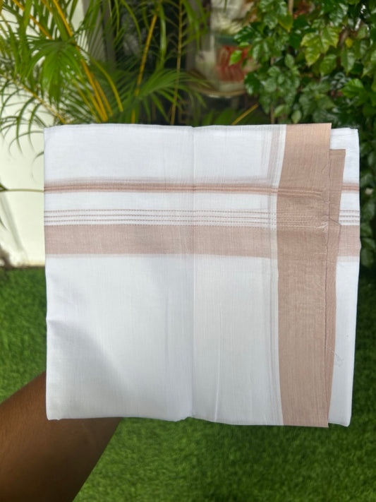 20% Discount ! Kaitharikada Balaramapuram 100% Cotton PURE WHITE Double Mundu/Dothi - 100x80 - 1.5 inch Beige Light Brown Striped Kara - 17KK5183VIN