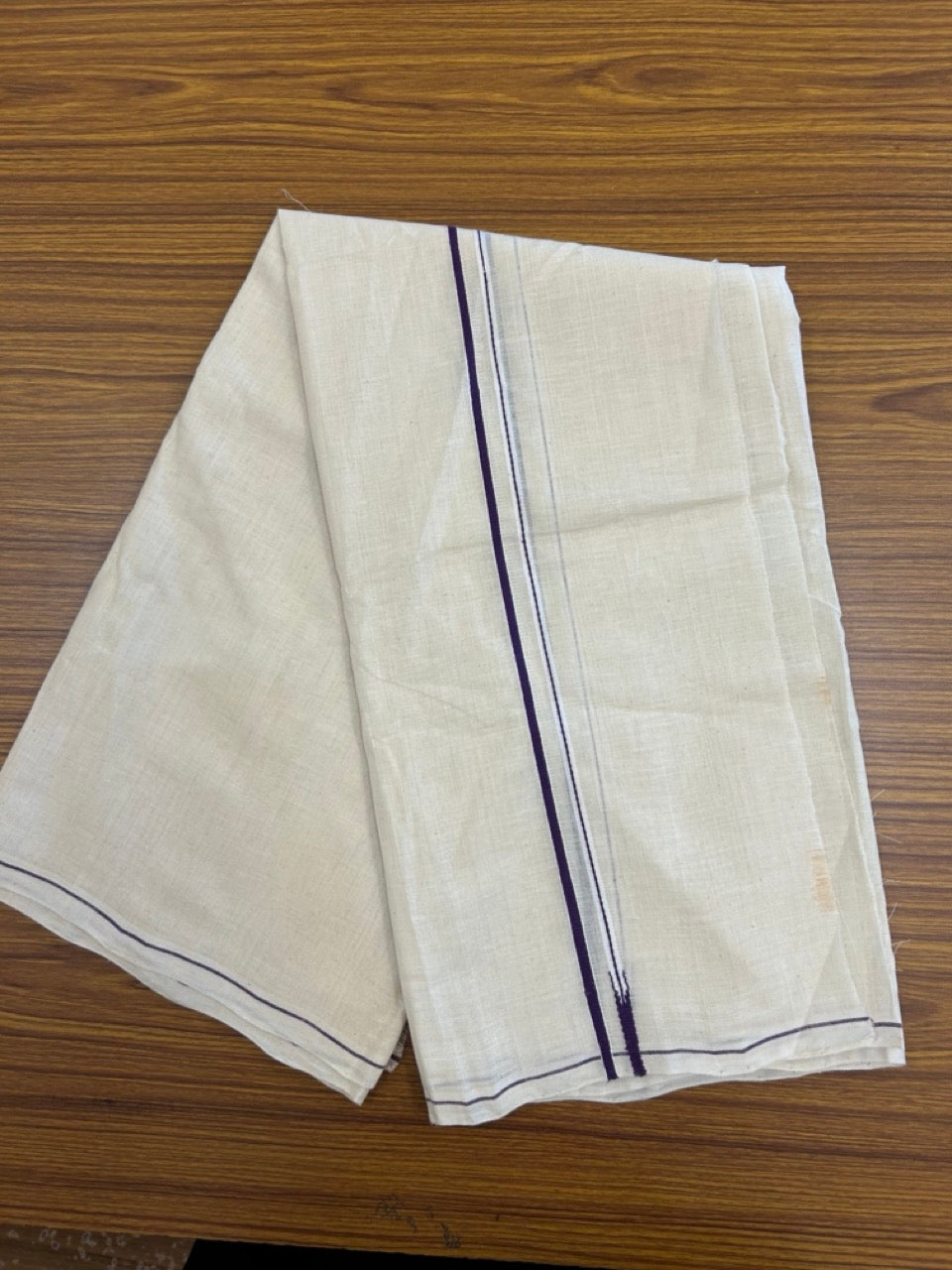 KaithariKada HANDLOOM UNAKKUPAAV Balaramapuram - 100% PURE Cotton Off White (Unbleached) Neriyath - 0.5 cm Deep Violet Kara - 7 KK5277 ELA