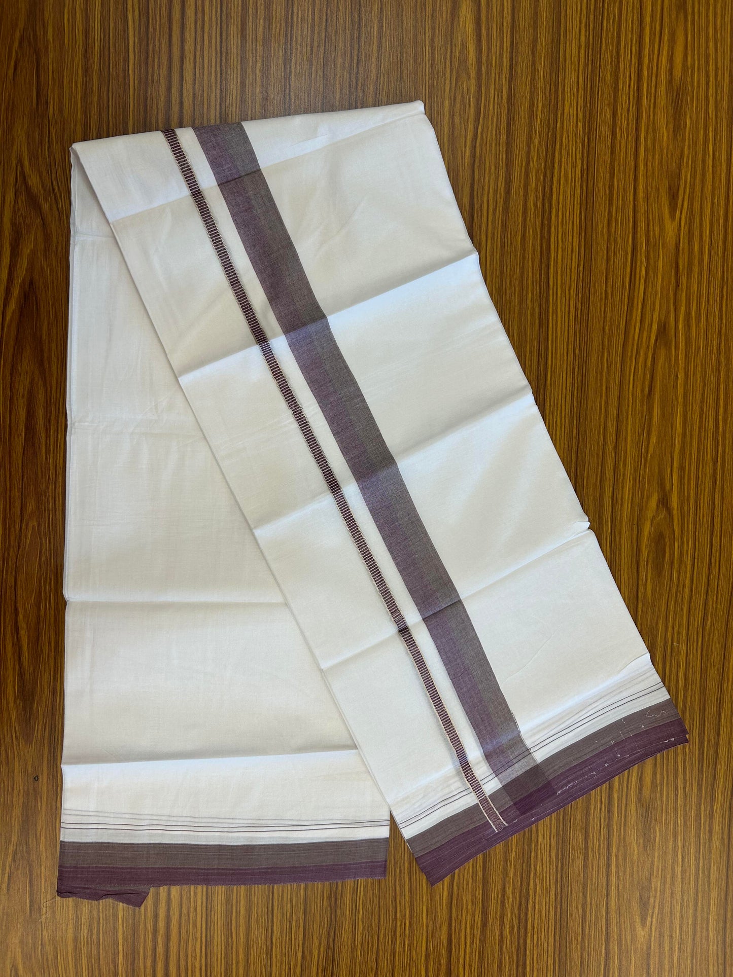 20% Discount ! KaithariKada Balaramapuram 100% Cotton Pure white Double Mundu/Dhoti - 100x80 - 1.25 inch Magenta & Brown Shaded Kara with Silver Kasav 4 M (8.5 muzham) - 80 KK5363 VIN