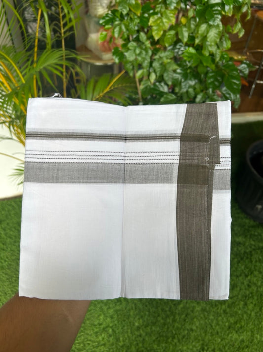 20% Discount ! Kaitharikada Balaramapuram 100% Cotton PURE WHITE Double Mundu/Dothi - 100x80 - 1.5 inch Olive Green Striped Kara - 19KK5183VIN