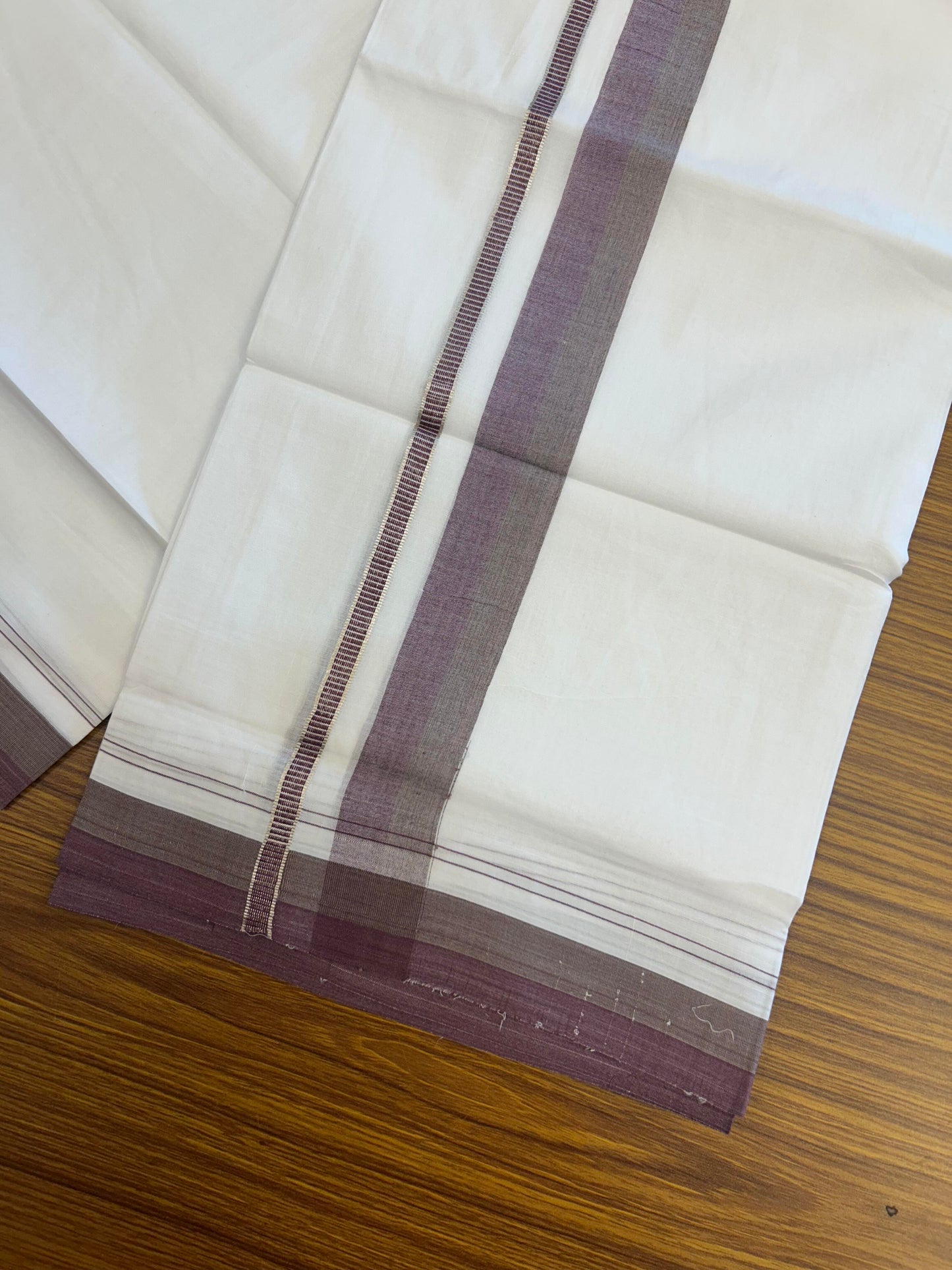 20% Discount ! KaithariKada Balaramapuram 100% Cotton Pure white Double Mundu/Dhoti - 100x80 - 1.25 inch Magenta & Brown Shaded Kara with Silver Kasav 4 M (8.5 muzham) - 80 KK5363 VIN