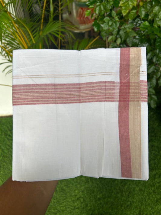 20% Discount ! Kaitharikada Balaramapuram 100% Cotton PURE WHITE Double Mundu/Dothi - 100x80 - 1.5 inch Sand brown & Red Striped Kara - 7KK5183VIN