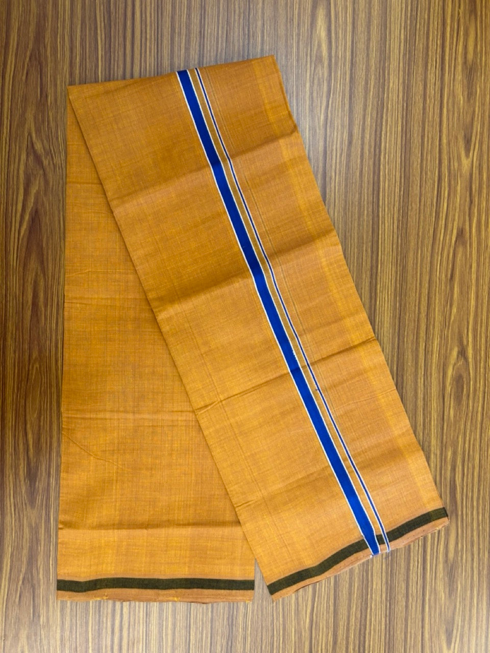 Handloom Single Hallmarked - 10% Discount !! KaithariKada 100% Pure Cotton - Mundu/Dhoti 0.5 inch Blue & White Kara with Kavi colour Body - (2 meter / 4 muzham) - 28 KK8032 ELA