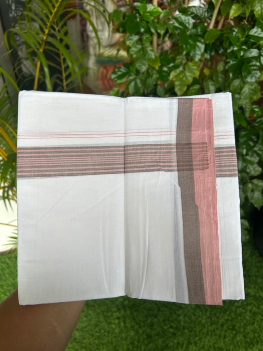 20% Discount ! Kaitharikada Balaramapuram 100% Cotton PURE WHITE Double Mundu/Dothi - 100x80 - 1.5 inch Peach & Wood Brown Striped Kara - 8KK5183VIN