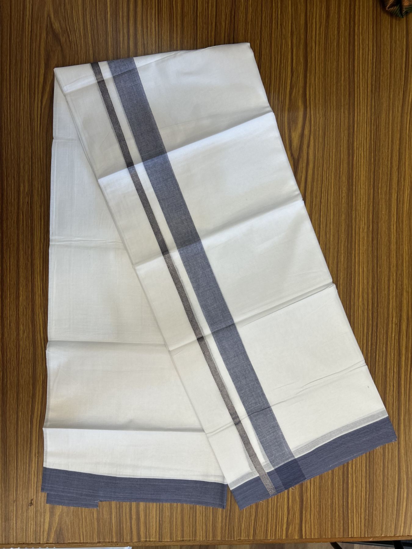 20% Discount! KaithariKada Balaramapuram 100% Cotton Double Pure white Mundu/Dhoti - 100X80 - 1.25 inch Silver Kasav Dark Pastel Blue shaded kara - 4 mtr ( 8.5 muzham) - 54 KK5341 VIN