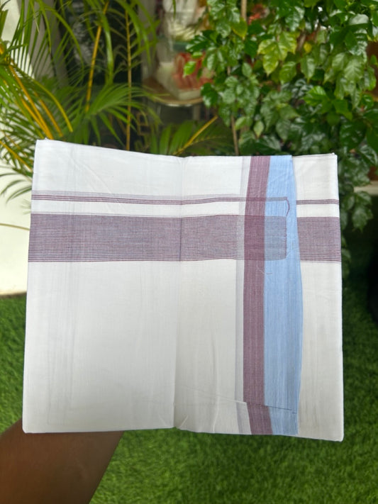 20% Discount ! Kaitharikada Balaramapuram 100% Cotton PURE WHITE Double Mundu/Dothi - 100x80 - 1.5 inch Sky Blue & Maroon Striped Kara - 6KK5183VIN