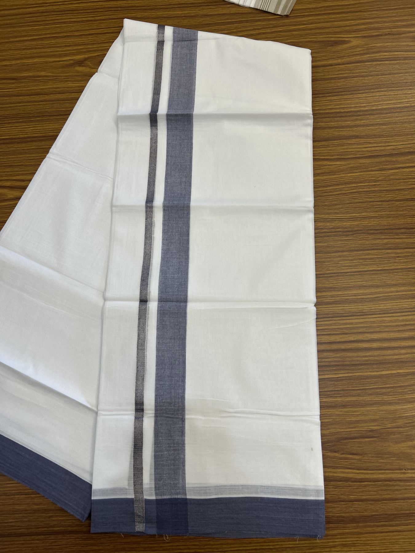 20% Discount! KaithariKada Balaramapuram 100% Cotton Double Pure white Mundu/Dhoti - 100X80 - 1.25 inch Silver Kasav Dark Pastel Blue shaded kara - 4 mtr ( 8.5 muzham) - 54 KK5341 VIN