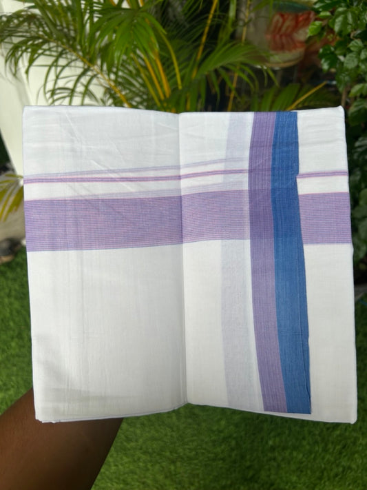 20% Discount ! Kaitharikada Balaramapuram 100% Cotton PURE WHITE Double Mundu/Dothi - 100x80 - 1.5 inch Blue & Pink Striped Kara - 1KK5183VIN