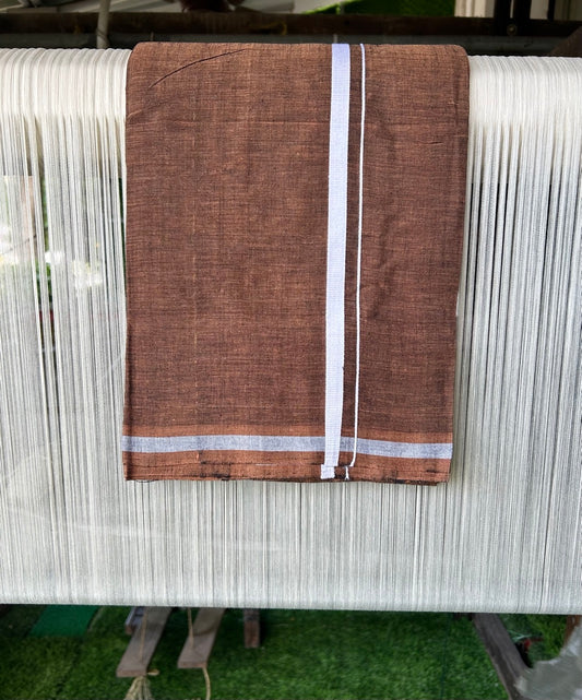 KaithariKada 100% Pure Cotton - HANDLOOM Single Mundu/Dhoti Dark Brown COLOUR BODY & White 0.75 inch Kara- 8KK474VIN