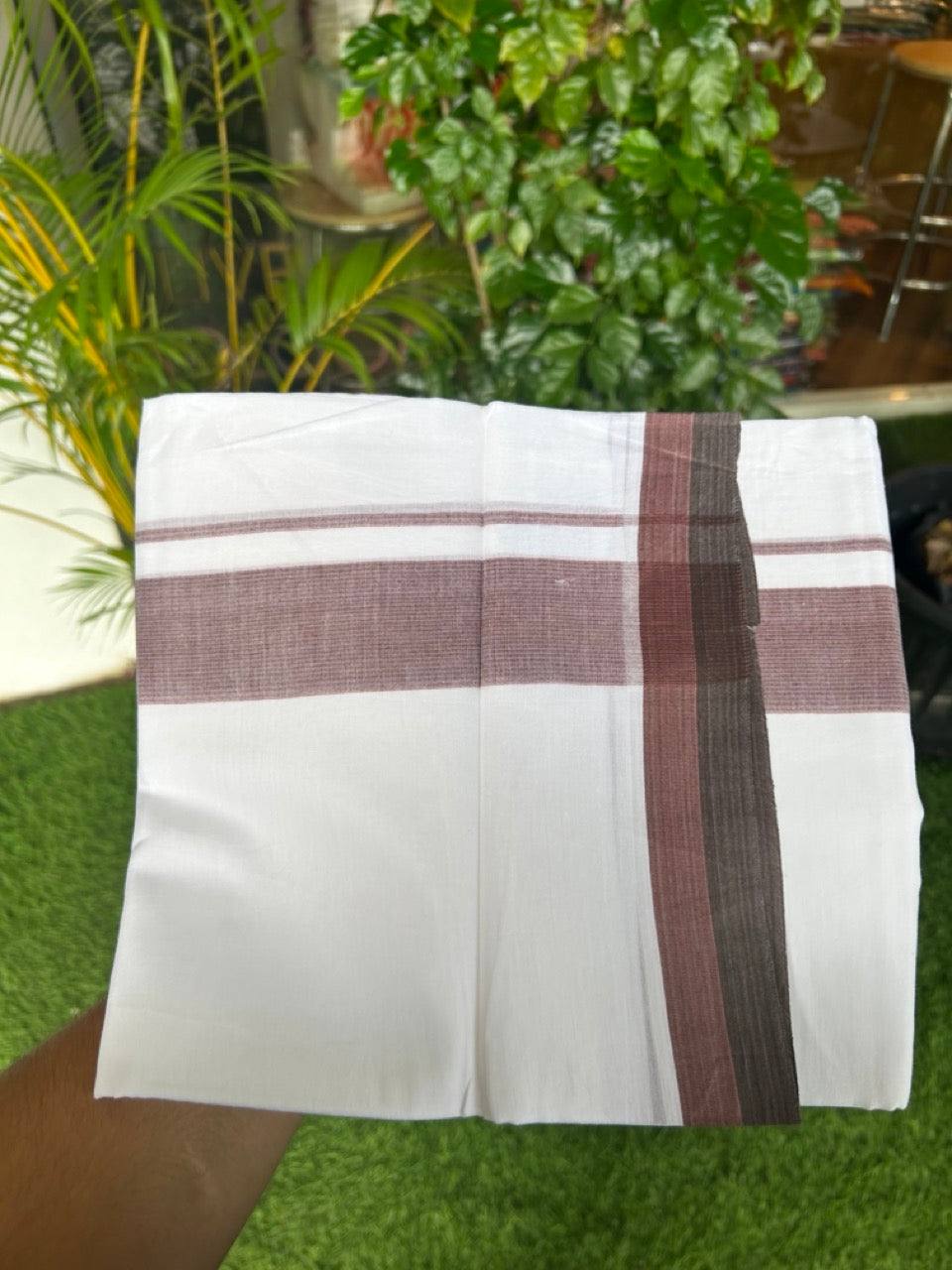 20% Discount ! Kaitharikada Balaramapuram 100% Cotton PURE WHITE Double Mundu/Dothi - 100x80 - 1.75 inch Chocolate Brown & Walnut brown Striped Kara - 2KK5183VIN