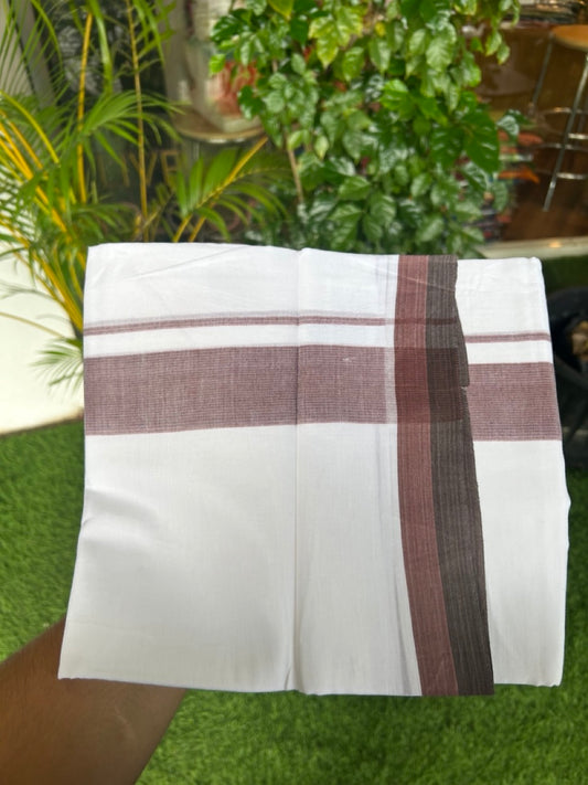20% Discount ! Kaitharikada Balaramapuram 100% Cotton PURE WHITE Double Mundu/Dothi - 100x80 - 1.75 inch Chocolate Brown & Walnut brown Striped Kara - 2KK5183VIN