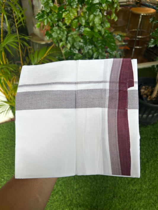20% Discount ! Kaitharikada Balaramapuram 100% Cotton PURE WHITE Double Mundu/Dothi - 100x80 - 1.5 inch Wine shaded Striped Kara - 3KK5183VIN