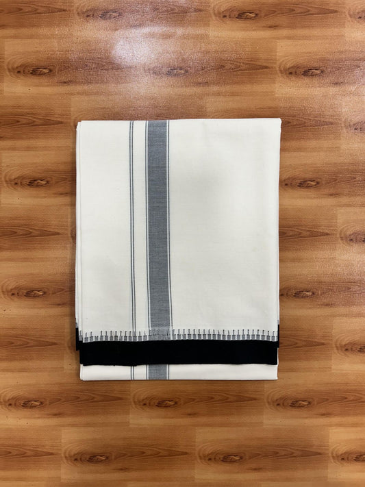 Single Off White Pure Combed Cotton Kaitharikada Special - Mund / Dhoti - 2/40s Twisted Warp x 20s Weft - 1.25 inch Ash Black Striped kara Off White Body Kuppadam Border (2 meter / 4 muzham) - 1 KK8064 MR