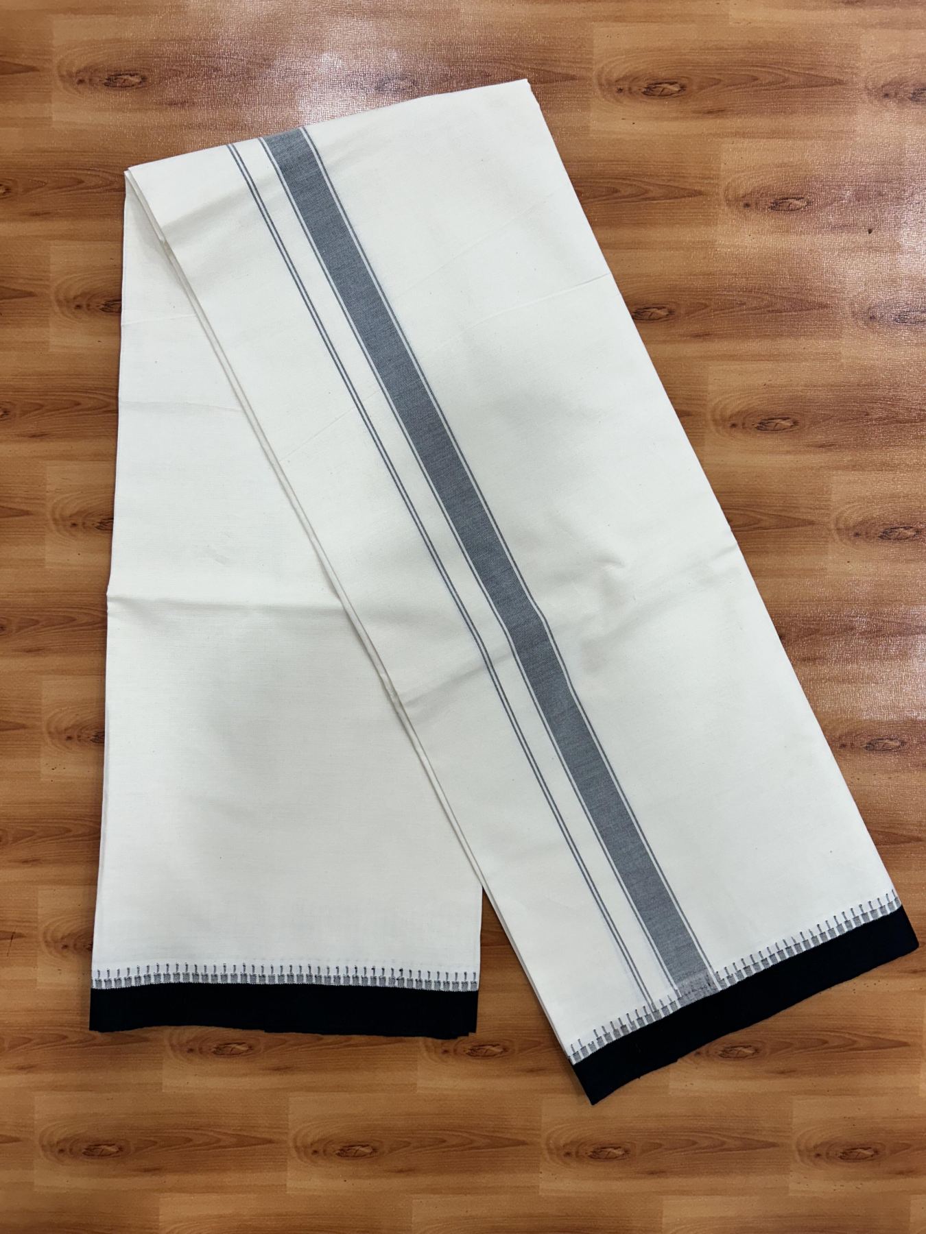 Premium Kathar Type Pure Cotton Single Mundu Kaitharikada Special - Kaily / Lungi - 2/40s Twisted Warp x 20s Weft - 1.25 inch Ash Black Striped kara Off White Body Kuppadam Border (2 meter / 4 muzham) - 1 KK8064 MR