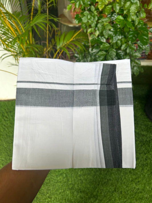20% Discount ! Kaitharikada Balaramapuram 100% Cotton PURE WHITE Double Mundu/Dothi - 100x80 - 1.5 inch Dark Ocean Green & Black Striped Kara - 5KK5183VIN