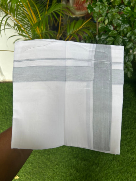 20% Discount ! Kaitharikada Balaramapuram 100% Cotton PURE WHITE Double Mundu/Dothi - 100x80 - 1.25 inch Light Greyish Blue Striped Kara - 15KK5183VIN