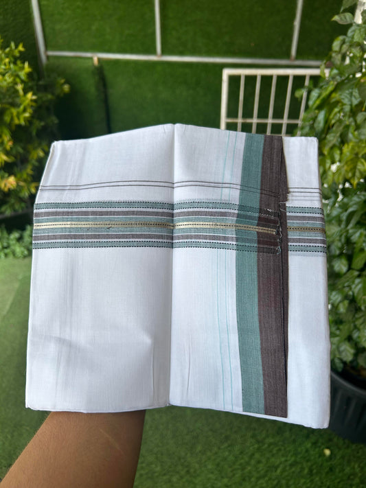 20% Discount!! Kaitharikada Balaramapuram 100% Pure Cotton Pure White Double Mundu/Dothi - 100x80 - 1.5 inch Silver Kasav Dark Brown & Turquoise Green Striped Kara 4 M (8.5 muzham) - 46 KK5363 VIN