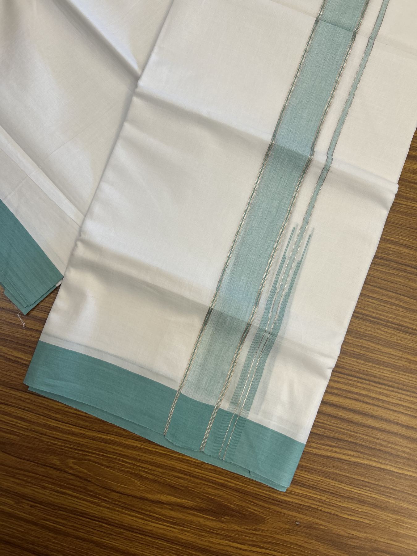 20% Discount! KaithariKada Balaramapuram 100% Cotton Double Pure white Mundu/Dhoti- 100X80 - 1.5 inch Puliyilakkara Silver Kasav & Turquoise Green Chutty Kara - 4 mtr ( 8.5 muzham) - 29 KK5341 VIN