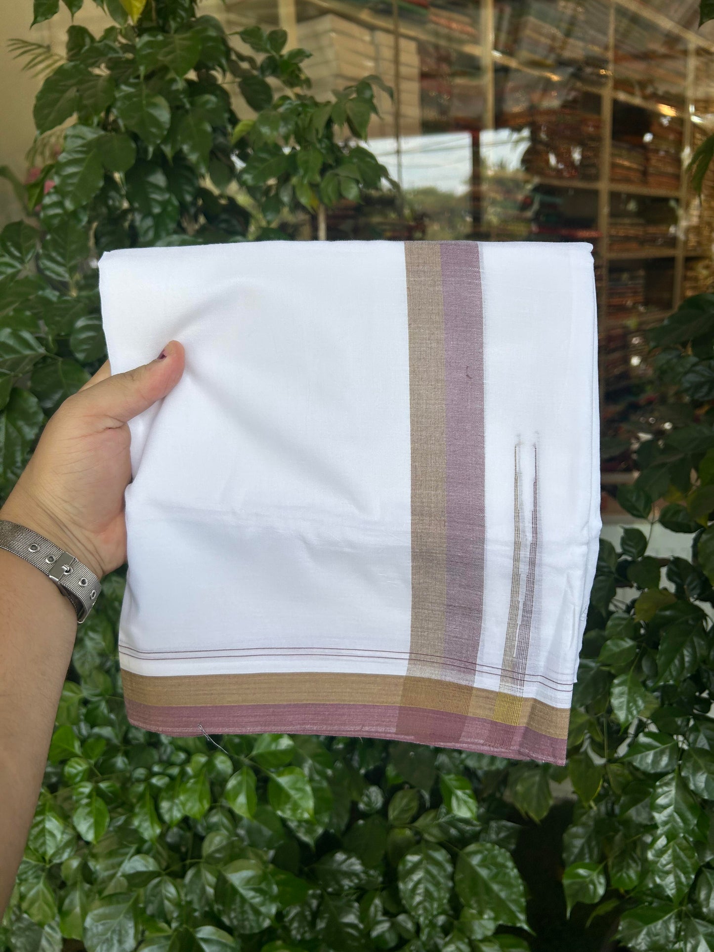 20% Discount ! KaithariKada Balaramapuram 100% Cotton Pure white Double Mundu/Dhoti - 100x80 - 1.75 inch Dark Mustard & Wine chutty 4 M (8.5 muzham) - 52 KK5363 VIN