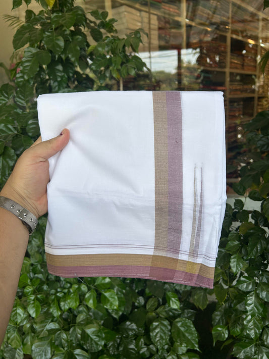 20% Discount ! KaithariKada Balaramapuram 100% Cotton Pure white Double Mundu/Dhoti - 100x80 - 1.75 inch Dark Mustard & Wine chutty 4 M (8.5 muzham) - 52 KK5363 VIN