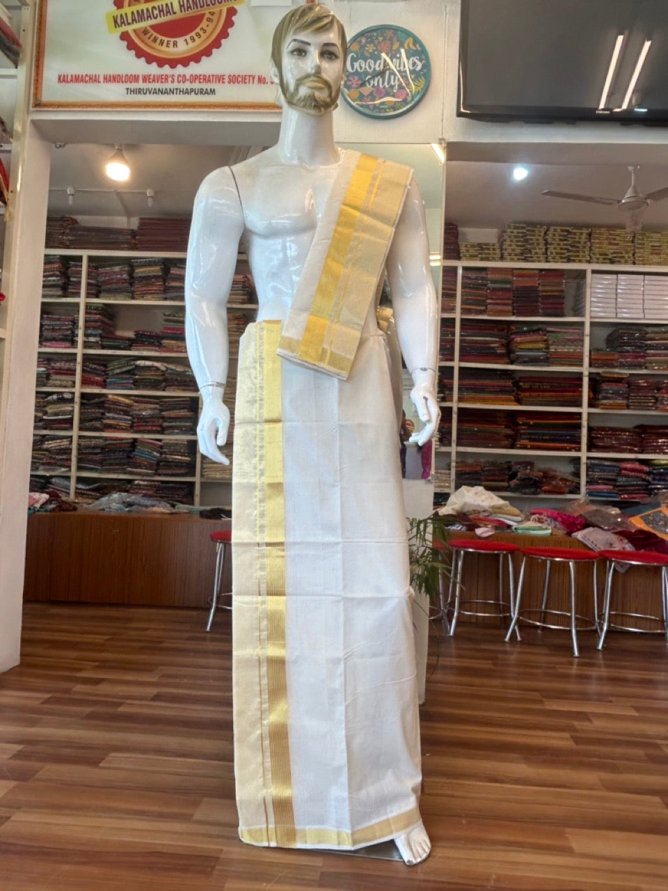 KaithariKada HANDLOOM UNAKKUPAAV Balaramapuram - 100% PURE Cotton Off White  (Unbleached) Mundu/Dhoti & Neriyath set - 7 Inch Kasavu stripes tissue Kara - 10KK5097ABH