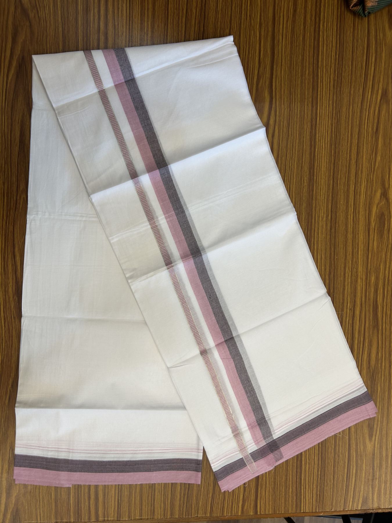 20% Discount! KaithariKada Balaramapuram 100% Cotton Double Pure white Mundu/Dhoti - 100X80 - 1.25 inch Silver Kasav Pink & Black shaded kara - 4 mtr ( 8.5 muzham) - 80 KK5341 VIN