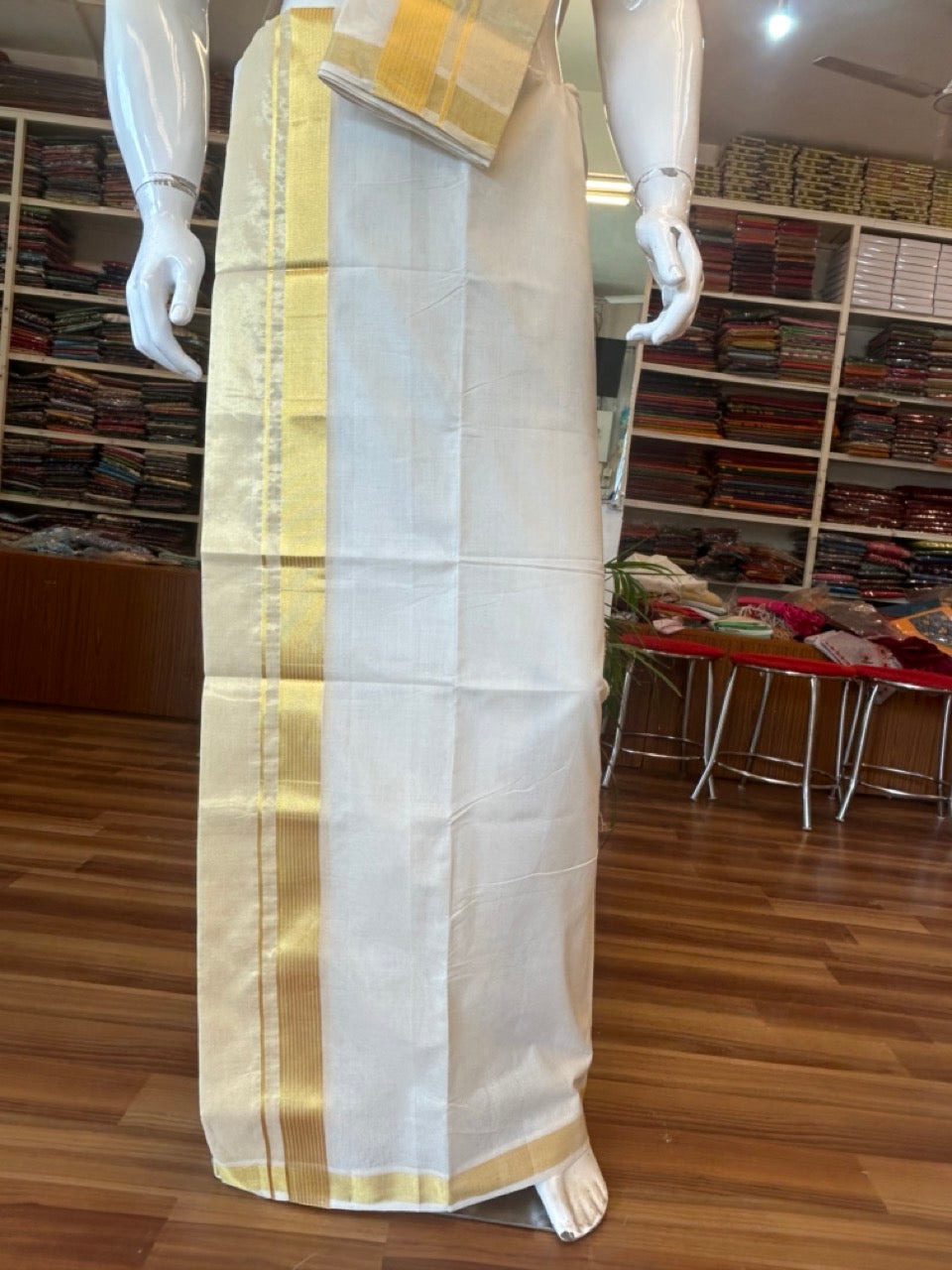 KaithariKada HANDLOOM UNAKKUPAAV Balaramapuram - 100% PURE Cotton Off White  (Unbleached) Mundu/Dhoti & Neriyath set - 7 Inch Kasavu stripes tissue Kara - 10KK5097ABH