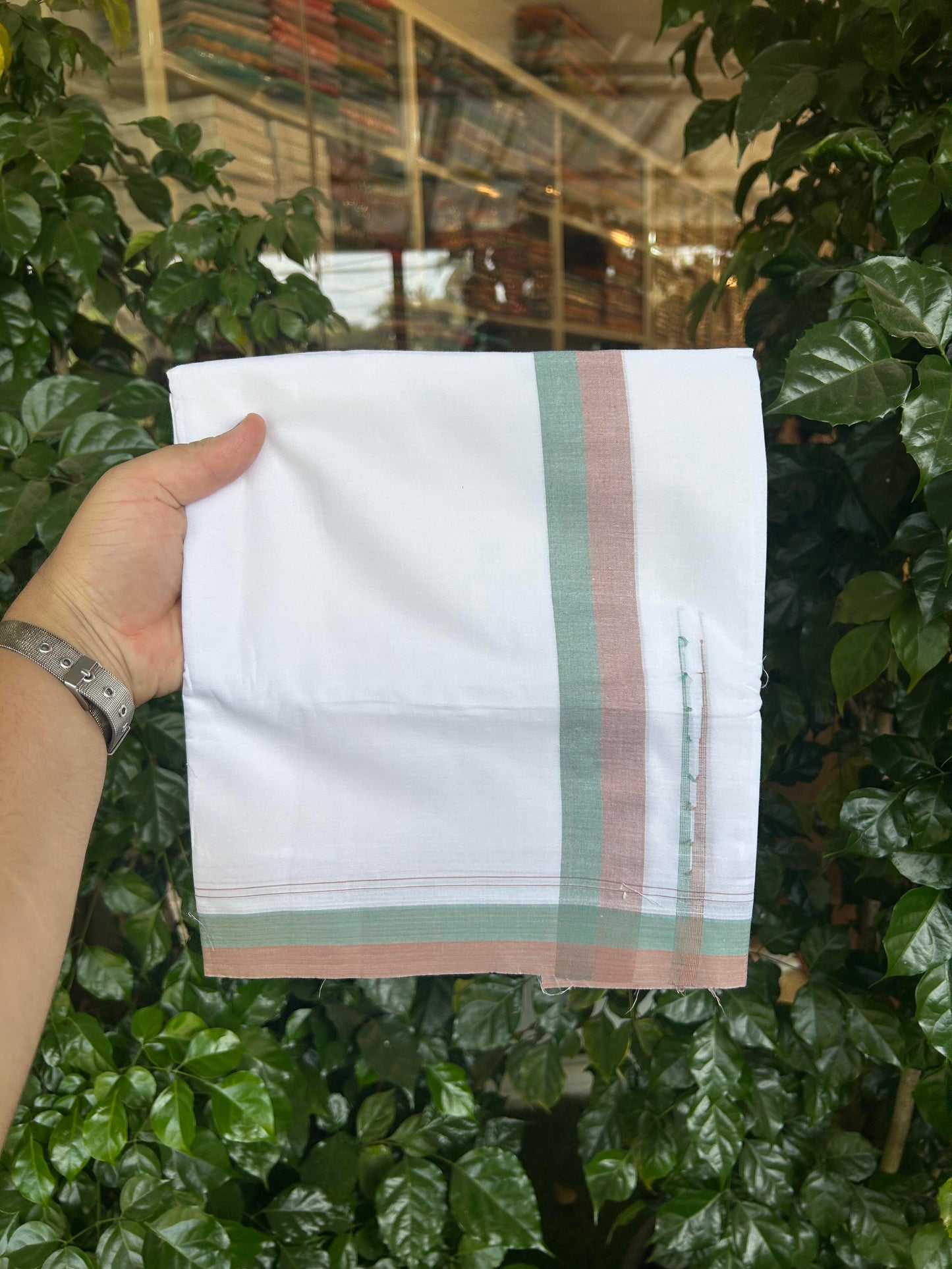 20% Discount ! KaithariKada Balaramapuram 100% Cotton Pure white Double Mundu/Dhoti - 100x80 - 1.75 inch Light Green & Saddle Brown chutty 4 M (8.5 muzham) - 55 KK5363 VIN