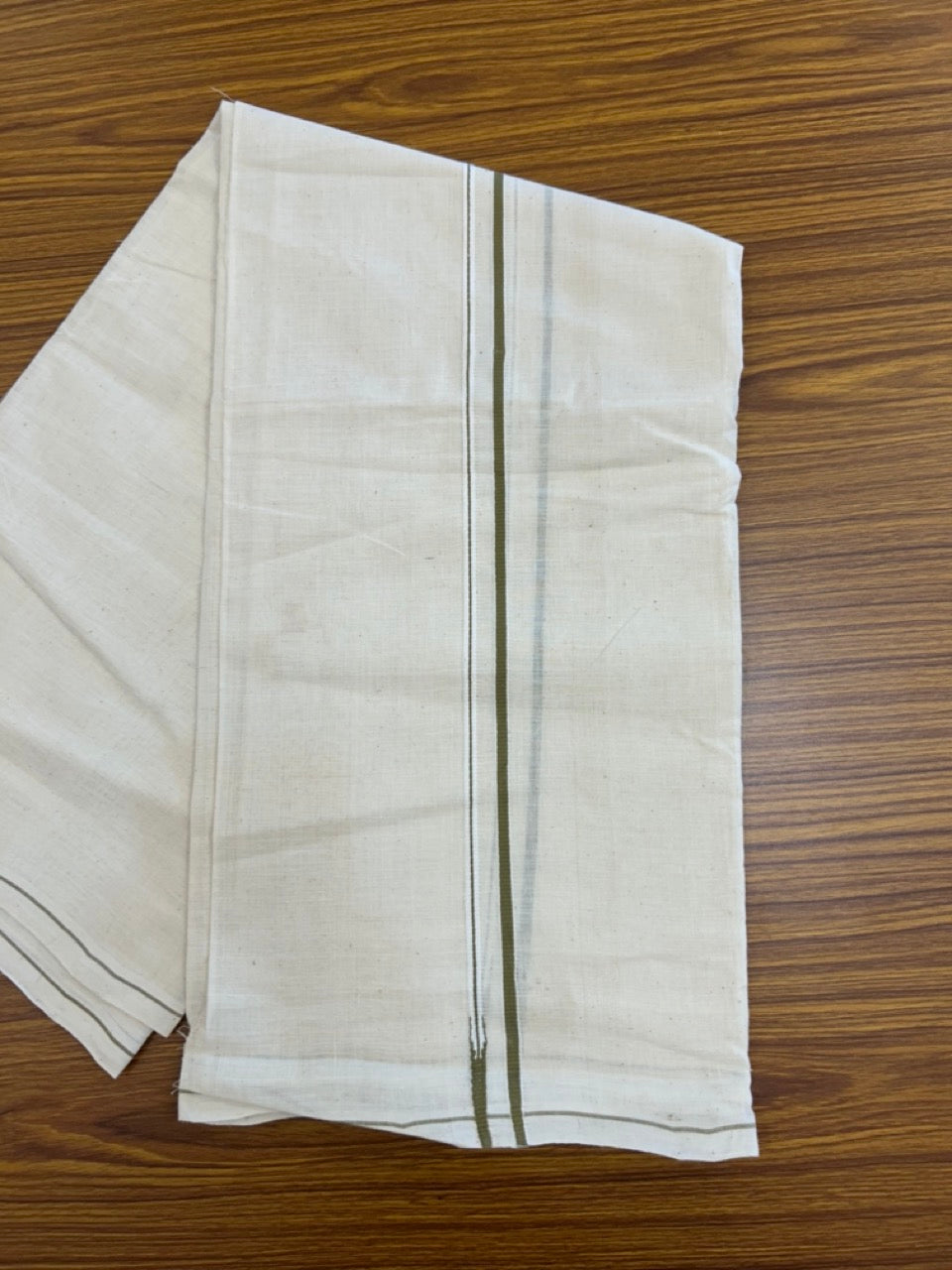 KaithariKada HANDLOOM UNAKKUPAAV Balaramapuram - 100% PURE Cotton Off White (Unbleached) Neriyath - 0.5 cm Light Olive Green Kara - 2 KK5277 ELA