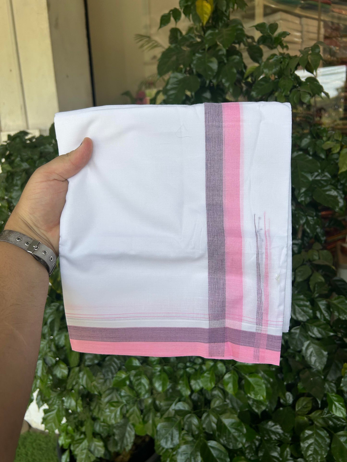 20% Discount ! KaithariKada Balaramapuram 100% Cotton Pure white Double Mundu/Dhoti - 100x80 - 1.75 inch Pink & Blue chutty 4 M (8.5 muzham) - 56 KK5363 VIN