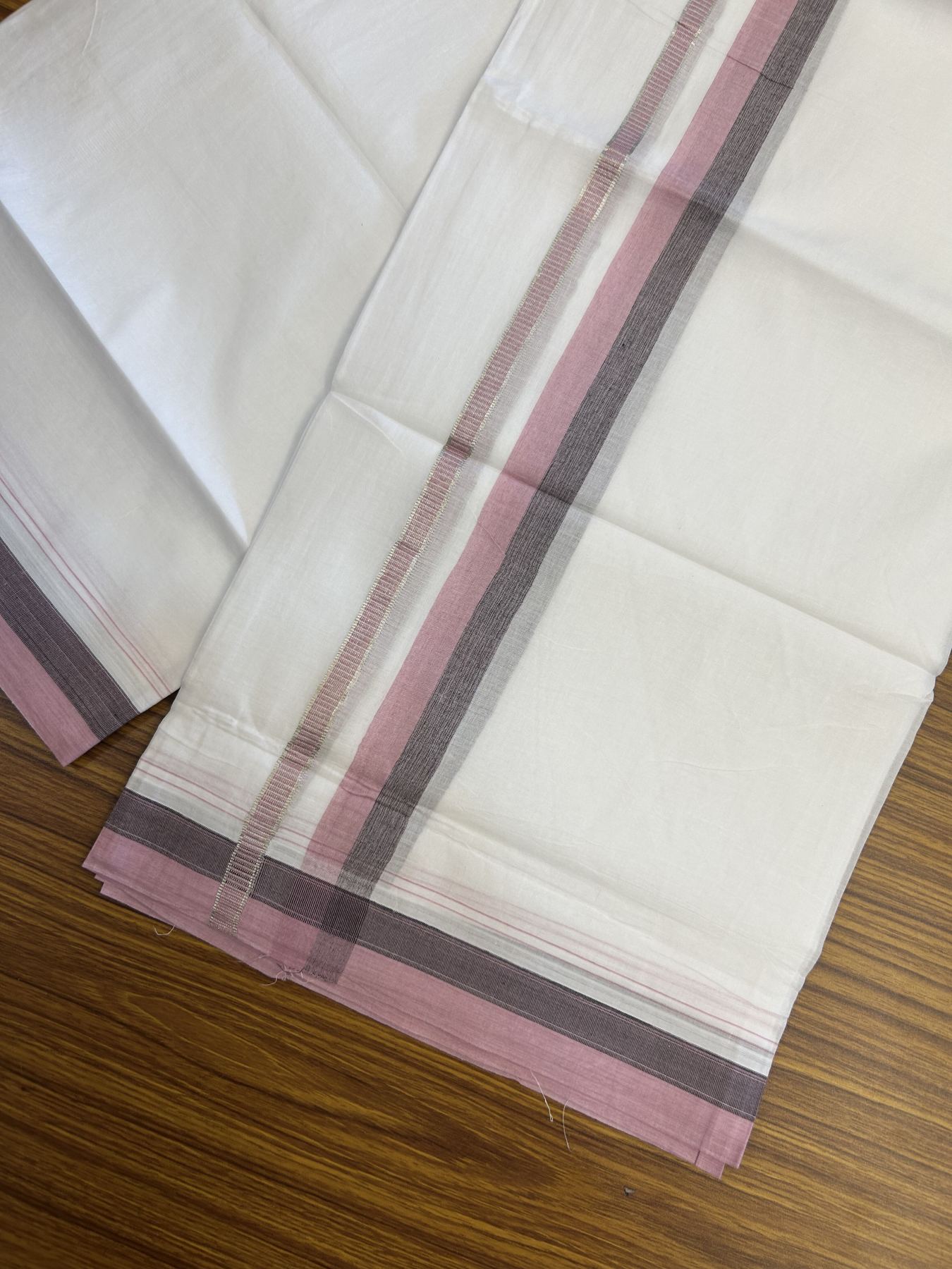 20% Discount! KaithariKada Balaramapuram 100% Cotton Double Pure white Mundu/Dhoti - 100X80 - 1.25 inch Silver Kasav Pink & Black shaded kara - 4 mtr ( 8.5 muzham) - 80 KK5341 VIN