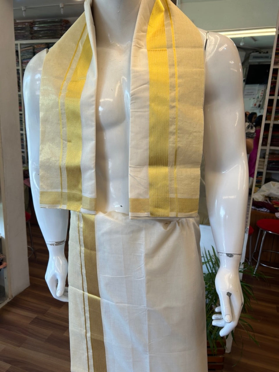 KaithariKada HANDLOOM UNAKKUPAAV Balaramapuram - 100% PURE Cotton Off White  (Unbleached) Mundu/Dhoti & Neriyath set - 7 Inch Kasavu stripes tissue Kara - 10KK5097ABH