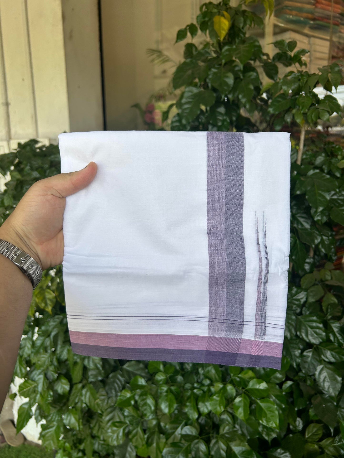20% Discount ! KaithariKada Balaramapuram 100% Cotton Pure white Double Mundu/Dhoti - 100x80 - 1.75 inch Pink & Blue chutty 4 M (8.5 muzham) - 51 KK5363 VIN
