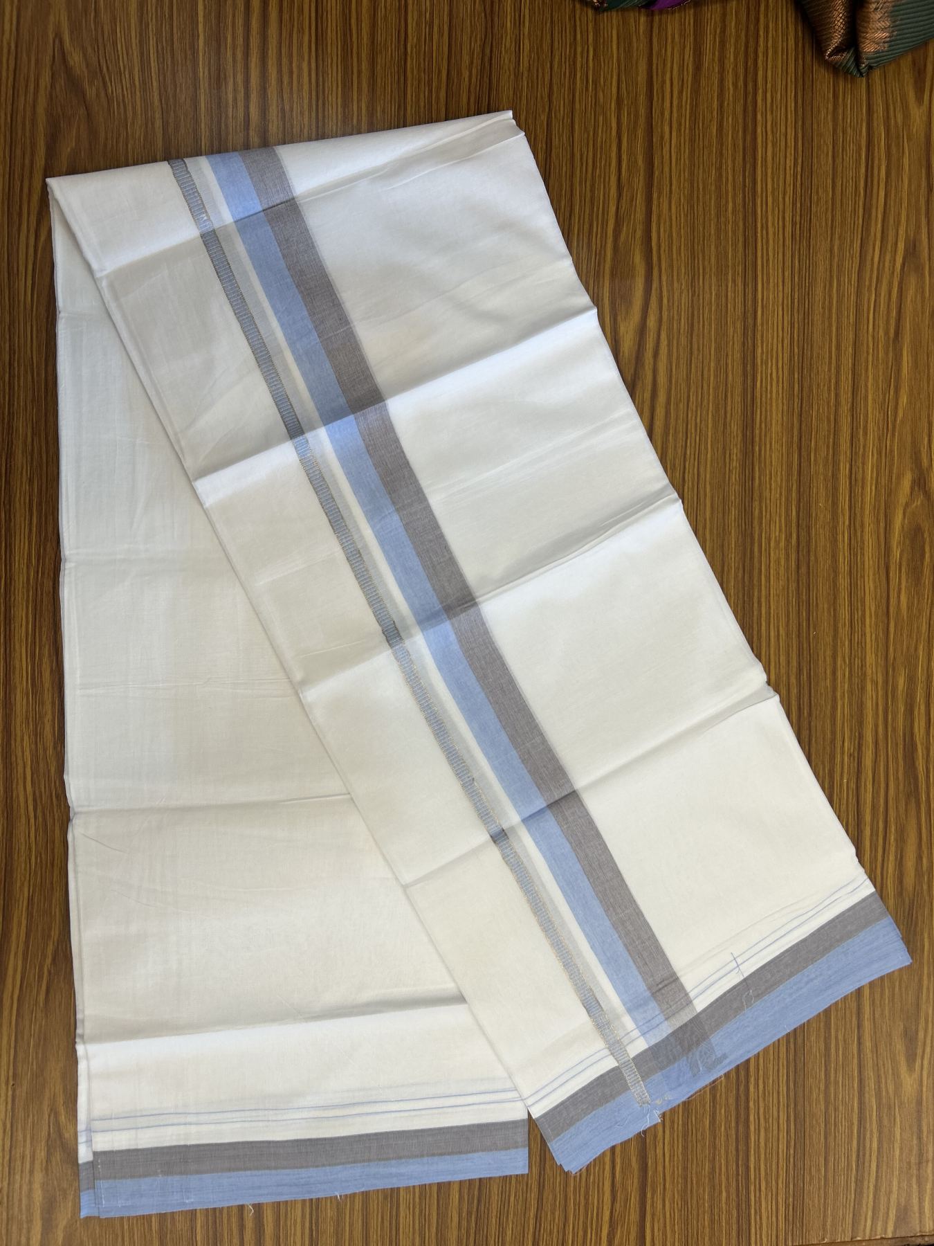 20% Discount! KaithariKada Balaramapuram 100% Cotton Double Pure white Mundu/Dhoti - 100X80 - 1.25 inch Silver Kasav Sky Blue & Brown shaded kara - 4 mtr ( 8.5 muzham) - 81 KK5341 VIN