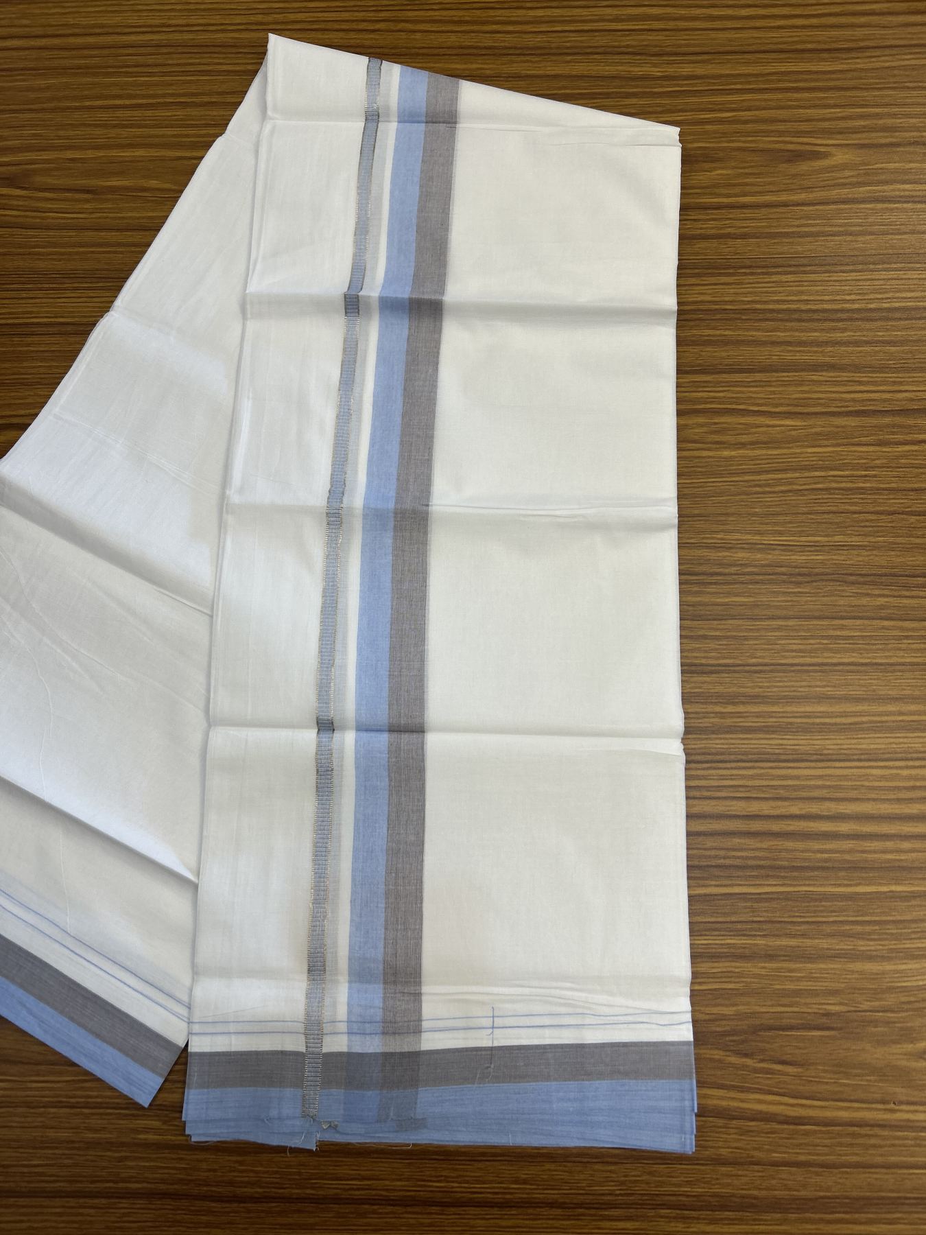 20% Discount! KaithariKada Balaramapuram 100% Cotton Double Pure white Mundu/Dhoti - 100X80 - 1.25 inch Silver Kasav Sky Blue & Brown shaded kara - 4 mtr ( 8.5 muzham) - 81 KK5341 VIN