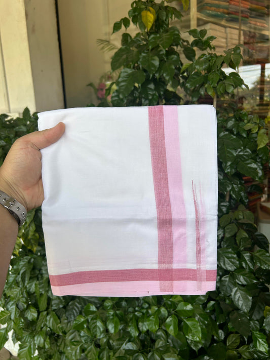 20% Discount ! KaithariKada Balaramapuram 100% Cotton Pure white Double Mundu/Dhoti - 100x80 - 1.75 inch Baby Pink & Dusty Rose chutty 4 M (8.5 muzham) - 54 KK5363 VIN