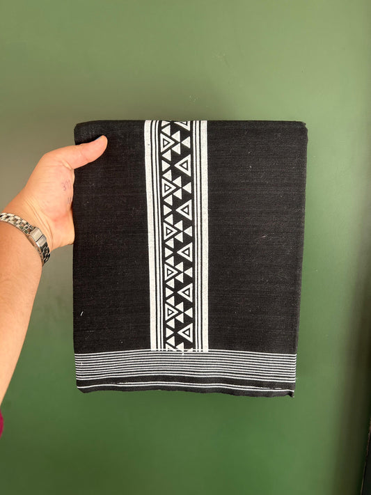 Kaitharikada - Single Kaily / Lungi - Mixed Cotton - 2/40s twisted - 2.5 inch White Printed kara with Black colour body (2 meter / 4 muzham) - 1 KK8082 SAT