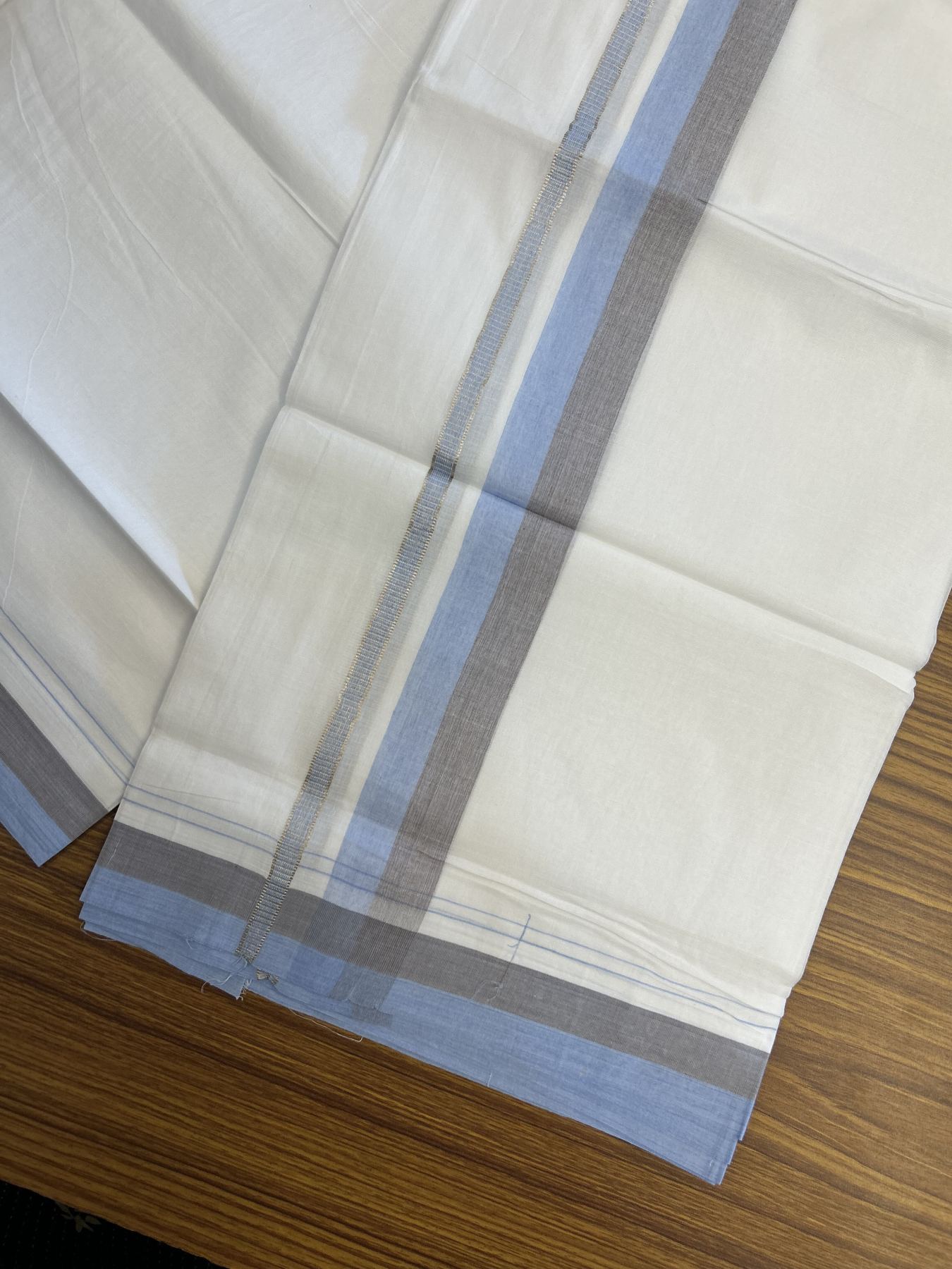 20% Discount! KaithariKada Balaramapuram 100% Cotton Double Pure white Mundu/Dhoti - 100X80 - 1.25 inch Silver Kasav Sky Blue & Brown shaded kara - 4 mtr ( 8.5 muzham) - 81 KK5341 VIN