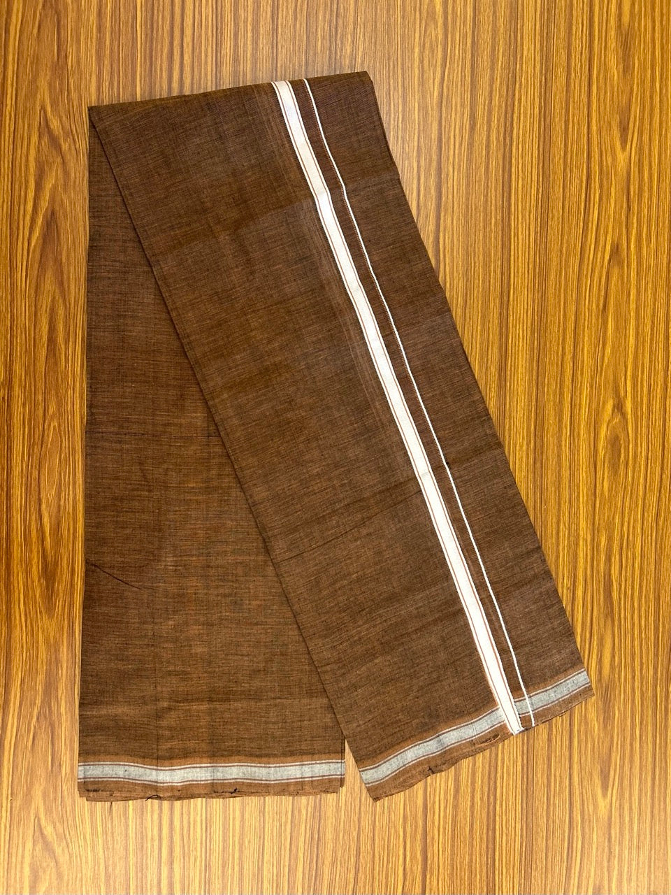 10% Discount !! KaithariKada 100% Pure Cotton - HANDLOOM Single Mundu/Dhoti Dark Brown Shaded Colour Body & White 0.5 inch Kara- (2 meter / 4 muzham)- 6 KK8032 ELA