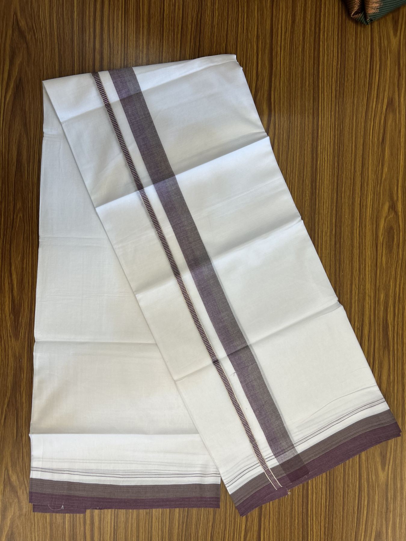 20% Discount! KaithariKada Balaramapuram 100% Cotton Double Pure white Mundu/Dhoti - 100X80 - 1.25 inch Silver Kasav Sage Green & Eggplant shaded kara - 4 mtr ( 8.5 muzham) - 90 KK5341 VIN