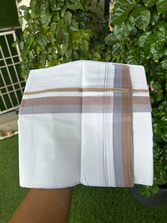 20% Discount ! KaithariKada Balaramapuram 100% Cotton Pure white Double Mundu/Dhoti - 100x80 - 1.25 inch Ash Blue & Beaver Brown Shaded Kara with Silver Kasav 4 M (8.5 muzham) - 78 KK5363 VIN