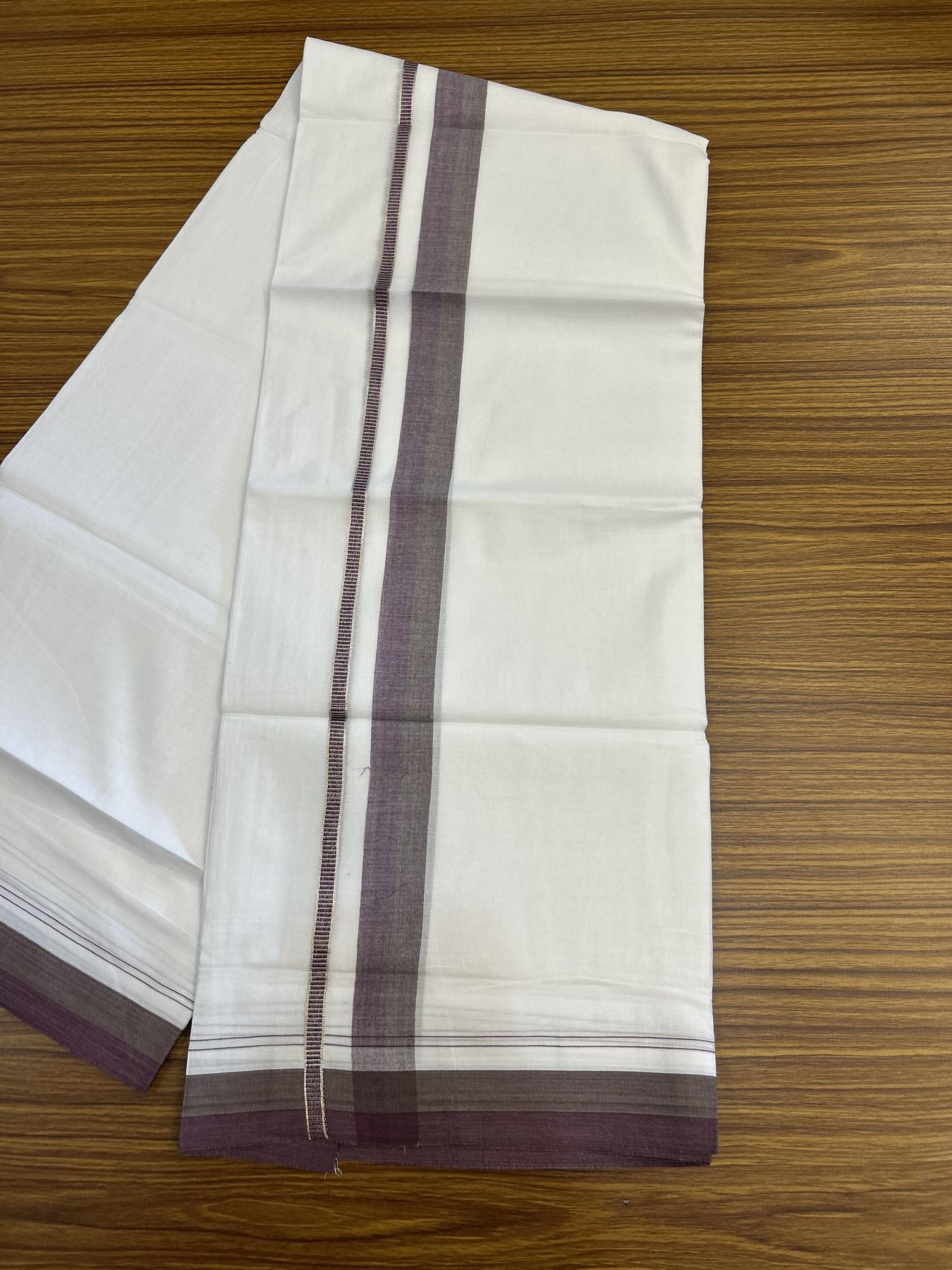 20% Discount! KaithariKada Balaramapuram 100% Cotton Double Pure white Mundu/Dhoti - 100X80 - 1.25 inch Silver Kasav Sage Green & Eggplant shaded kara - 4 mtr ( 8.5 muzham) - 90 KK5341 VIN