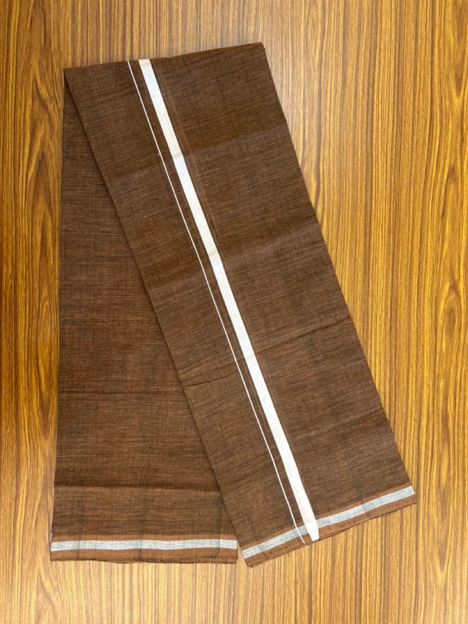 10% Discount !! KaithariKada 100% Pure Cotton - HANDLOOM Single Mundu/Dhoti Dark Brown Shaded Colour Body & White 0.5 inch Kara- (2 meter / 4 muzham)- 7 KK8032 ELA