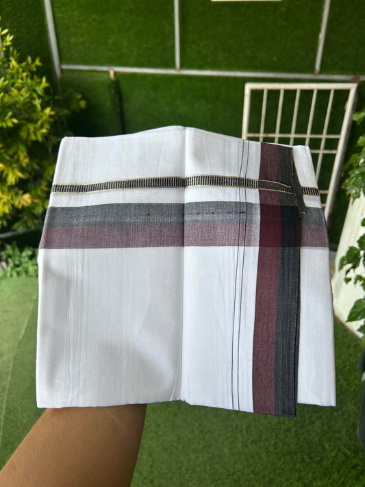 20% Discount ! KaithariKada Balaramapuram 100% Cotton Pure white Double Mundu/Dhoti - 100x80 - 1.5 inch Black & Maroon Shaded Kara with Silver Kasav 4 M (8.5 muzham) - 77 KK5363 VIN