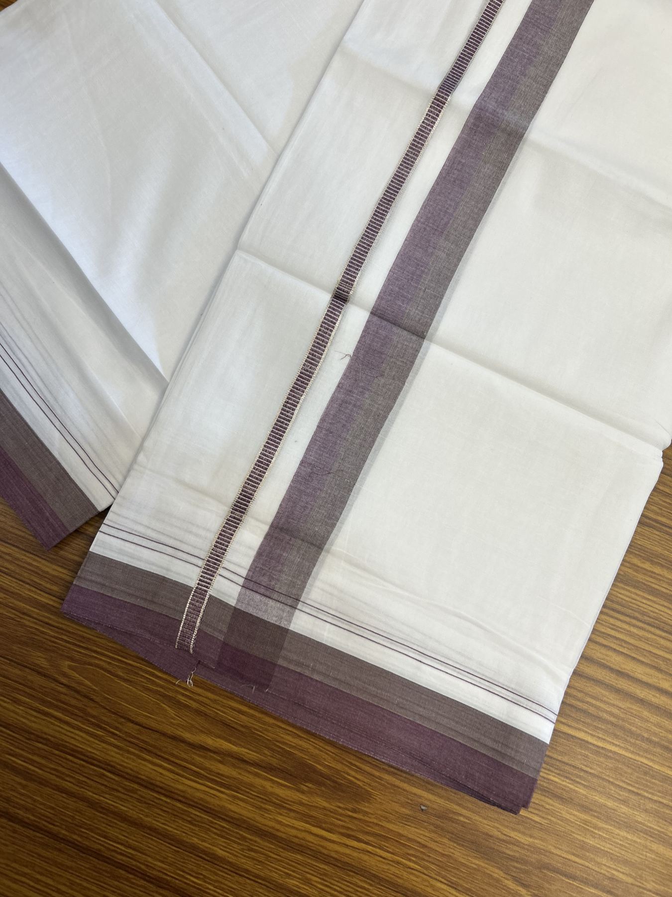 20% Discount! KaithariKada Balaramapuram 100% Cotton Double Pure white Mundu/Dhoti - 100X80 - 1.25 inch Silver Kasav Sage Green & Eggplant shaded kara - 4 mtr ( 8.5 muzham) - 90 KK5341 VIN