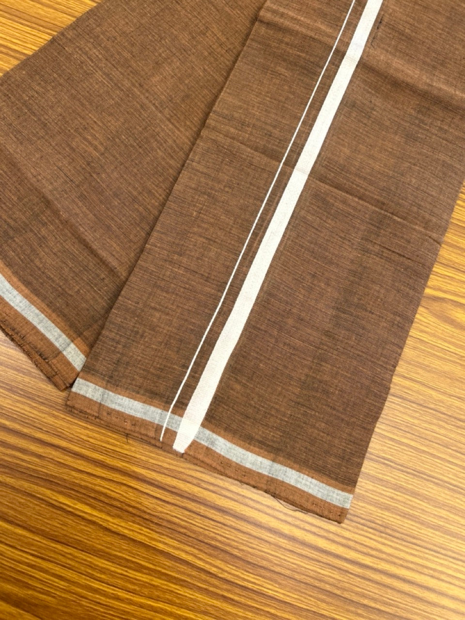 10% Discount !! KaithariKada 100% Pure Cotton - HANDLOOM Single Mundu/Dhoti Dark Brown Shaded Colour Body & White 0.5 inch Kara- (2 meter / 4 muzham)- 7 KK8032 ELA