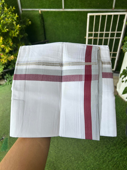 20% Discount ! KaithariKada Balaramapuram 100% Cotton Pure white Double Mundu/Dhoti - 100x80 - 1.25 inch Ash Grey & Maroon Shaded Kara with Silver Kasav 4 M (8.5 muzham) - 76 KK5363 VIN