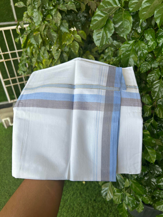 20% Discount ! KaithariKada Balaramapuram 100% Cotton Pure white Double Mundu/Dhoti - 100x80 - 1.25 inch Sky Blue & Brown Shaded Kara with Silver Kasav 4 M (8.5 muzham) - 74 KK5363 VIN