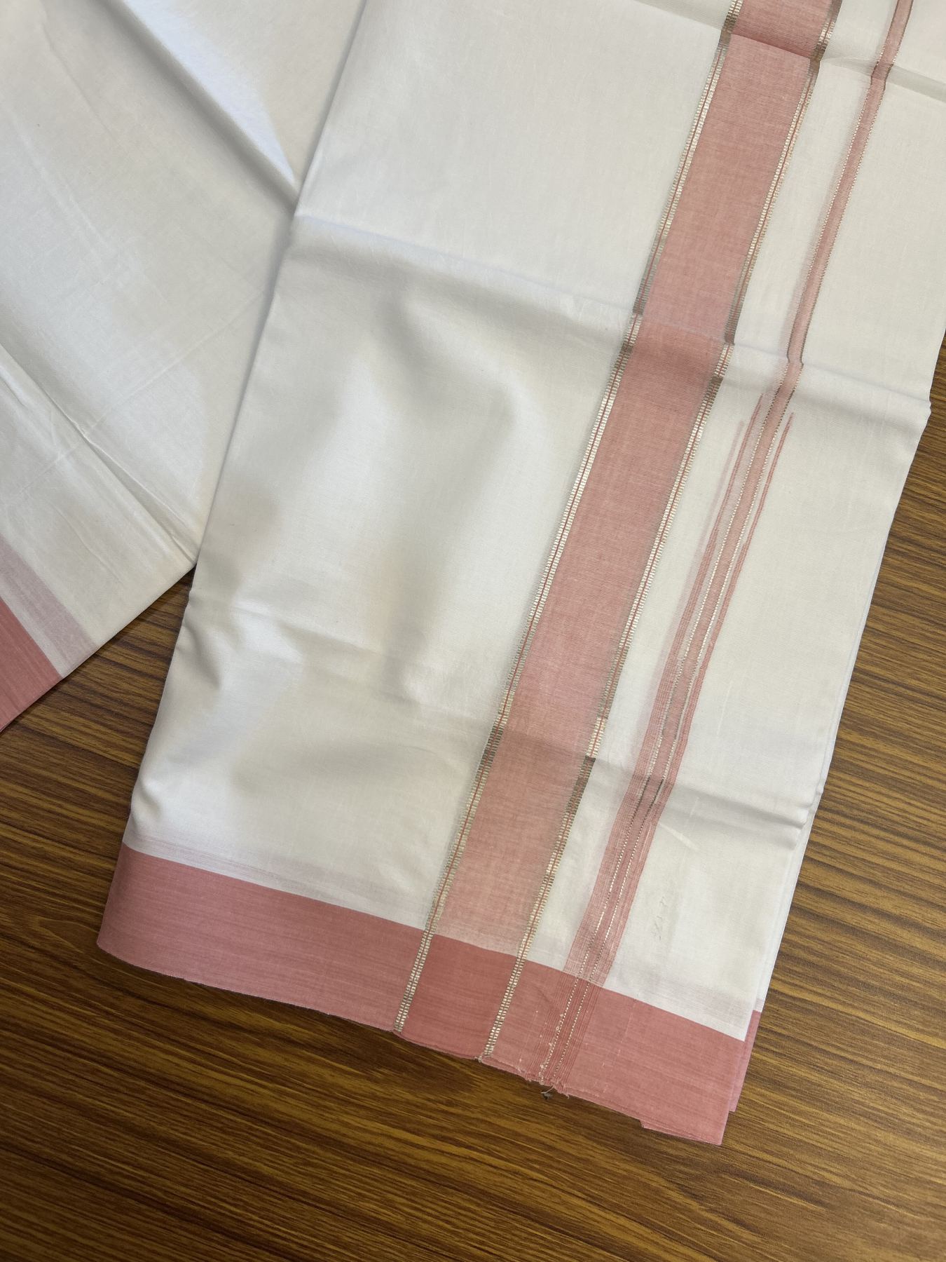 20% Discount! KaithariKada Balaramapuram 100% Cotton Double Pure white Mundu/Dhoti- 100X80 - 1.5 inch Puliyilakkara Silver Kasav & Peach Pink Chutty Kara - 4 mtr ( 8.5 muzham) - 31 KK5341 VIN